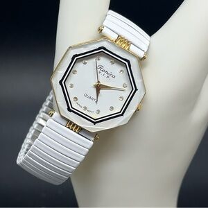 Vintage Ronica Octagon Quartz Watch White Stretch Band Gold Tone Crystals Y2K